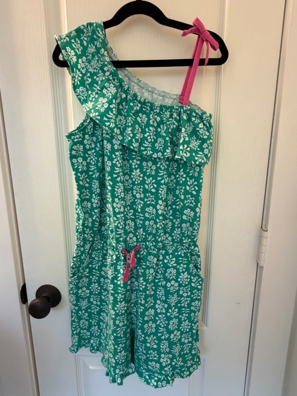 Mini Boden Green Floral One-Shoulder Romper with Pink Tie